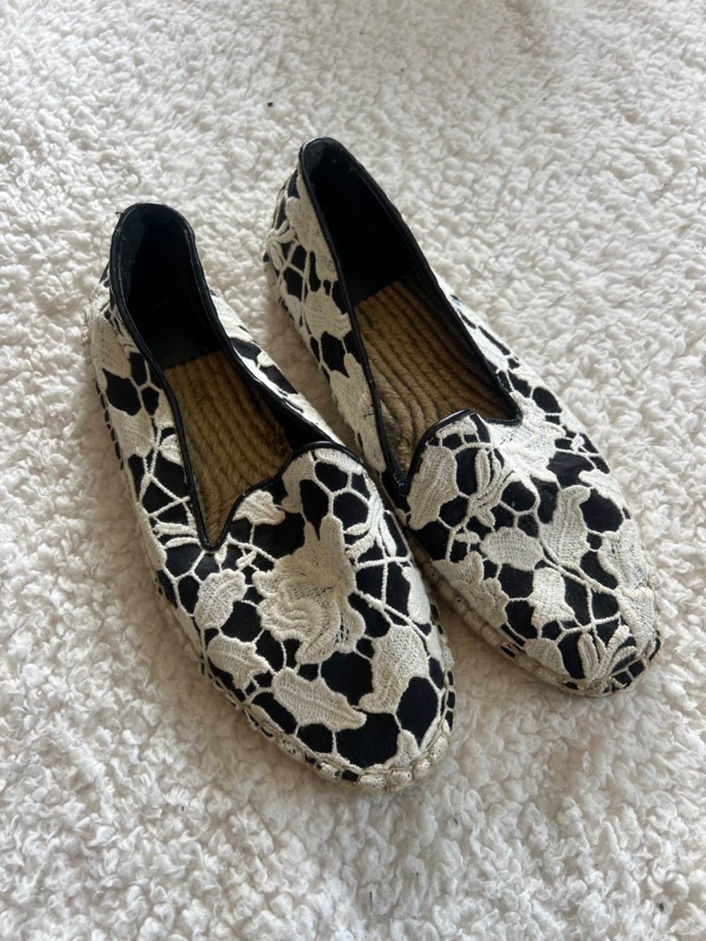 Cole Haan Black and Cream Floral Lace Espadrille Flats